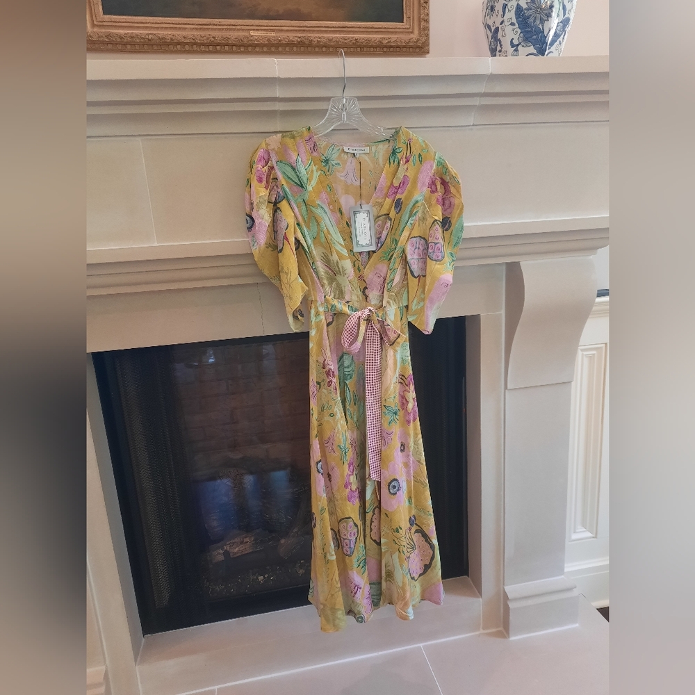 Elegant Yellow and Pink Silk Midi Wrap Dress with Floral Print